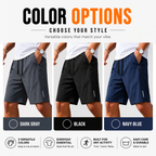 Three pairs of shorts in dark gray, black, and navy blue with color options displayed.