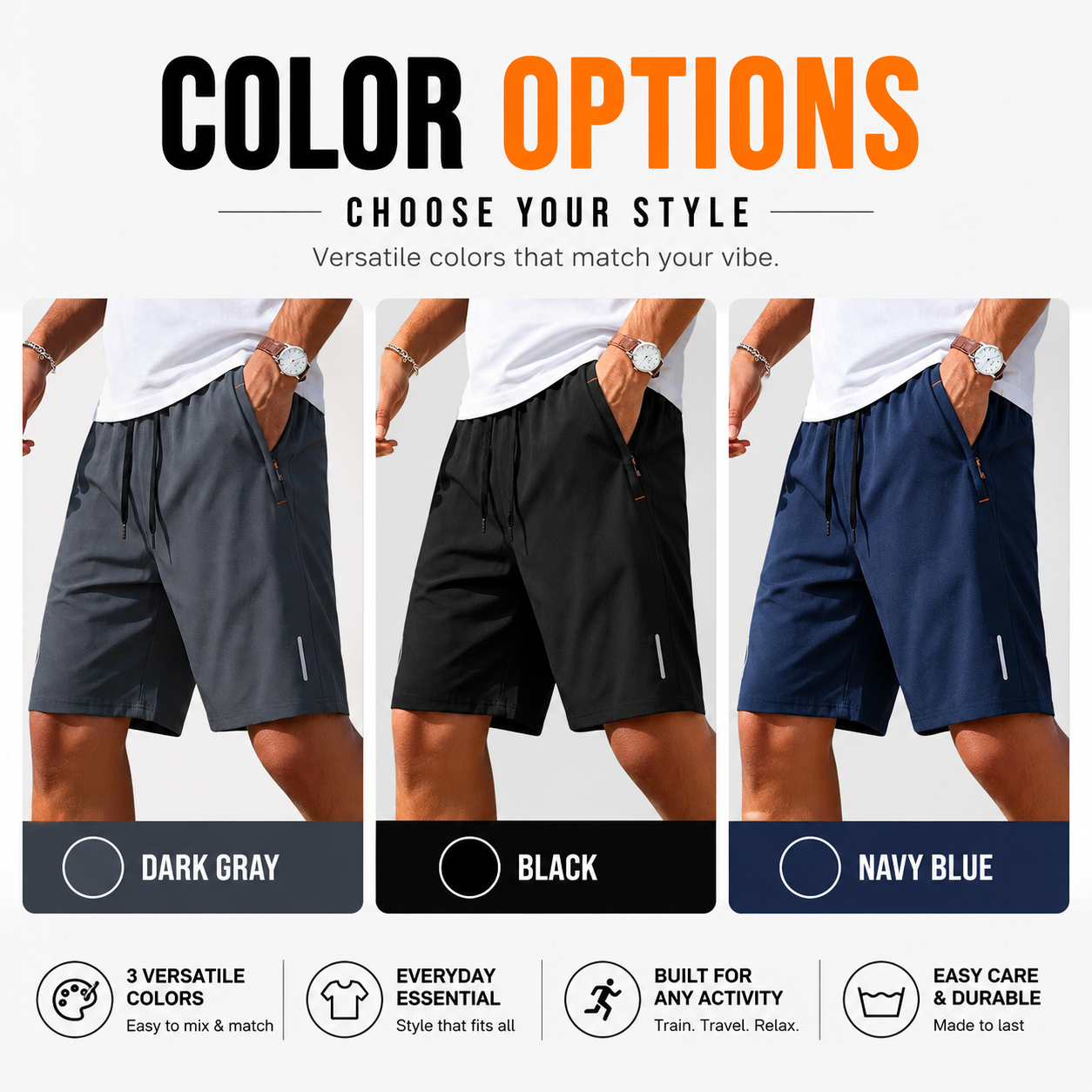 Three pairs of shorts in dark gray, black, and navy blue with color options displayed.