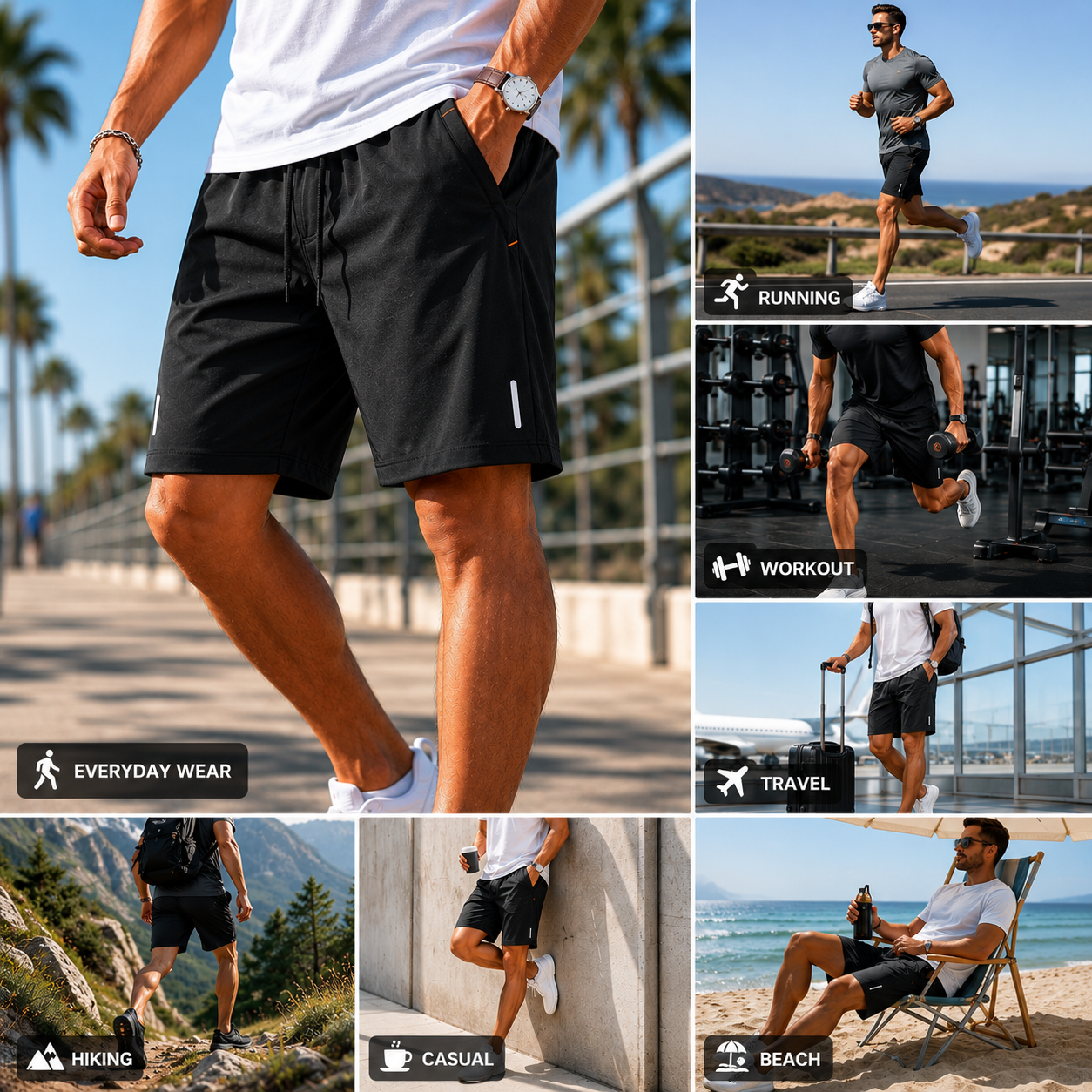 Collage of a person wearing black shorts in various settings with text labels.